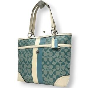 Coach Heritage Stripe F14477 Tote/Shoulder Bag in Light Blue and White Leathe...